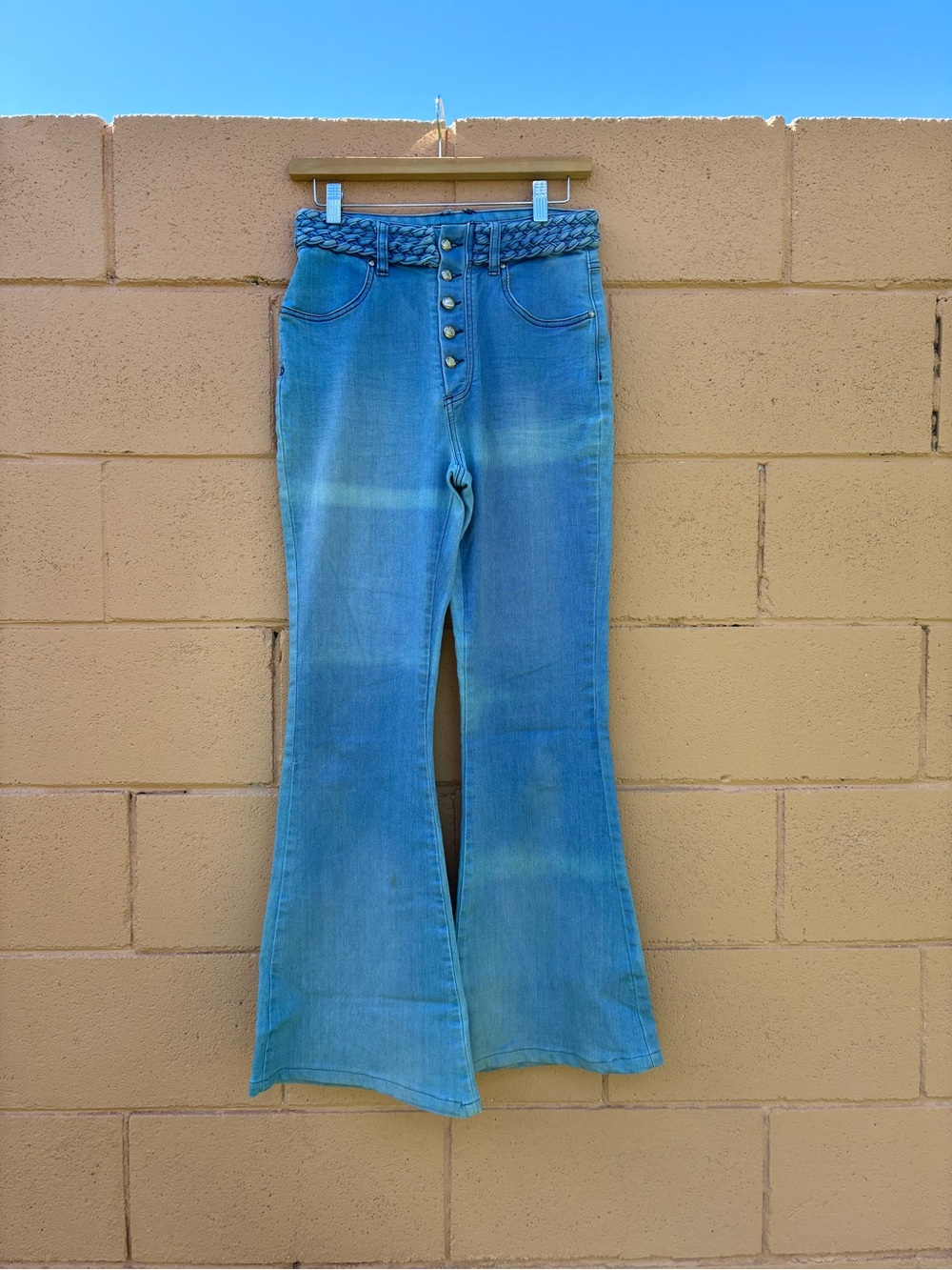 Light Blue High-Rise Flare Jeans with Braided Waistband Button Fly